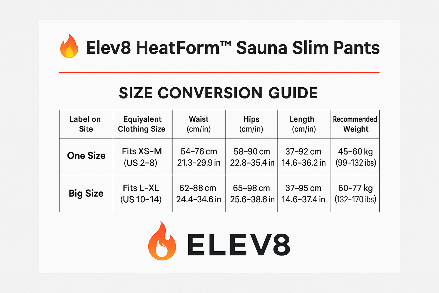 đĽ Elev8 HeatForm⢠Sauna Slim Pants â Size Guide